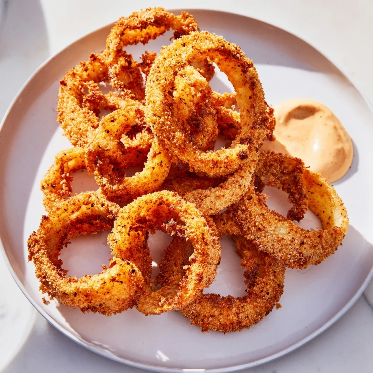 Golden, crispy air fryer onion rings piled high, ready to dip in a creamy, tangy sauce.