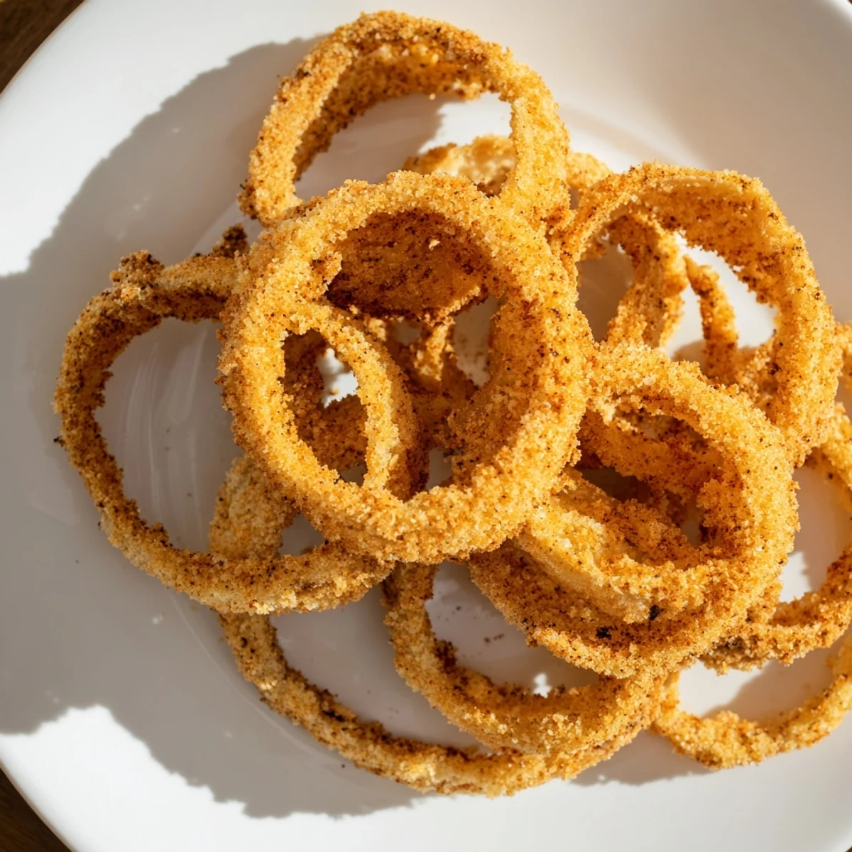 Perfectly golden crispy air fryer onion rings, a satisfying snack with a zesty dipping sauce.