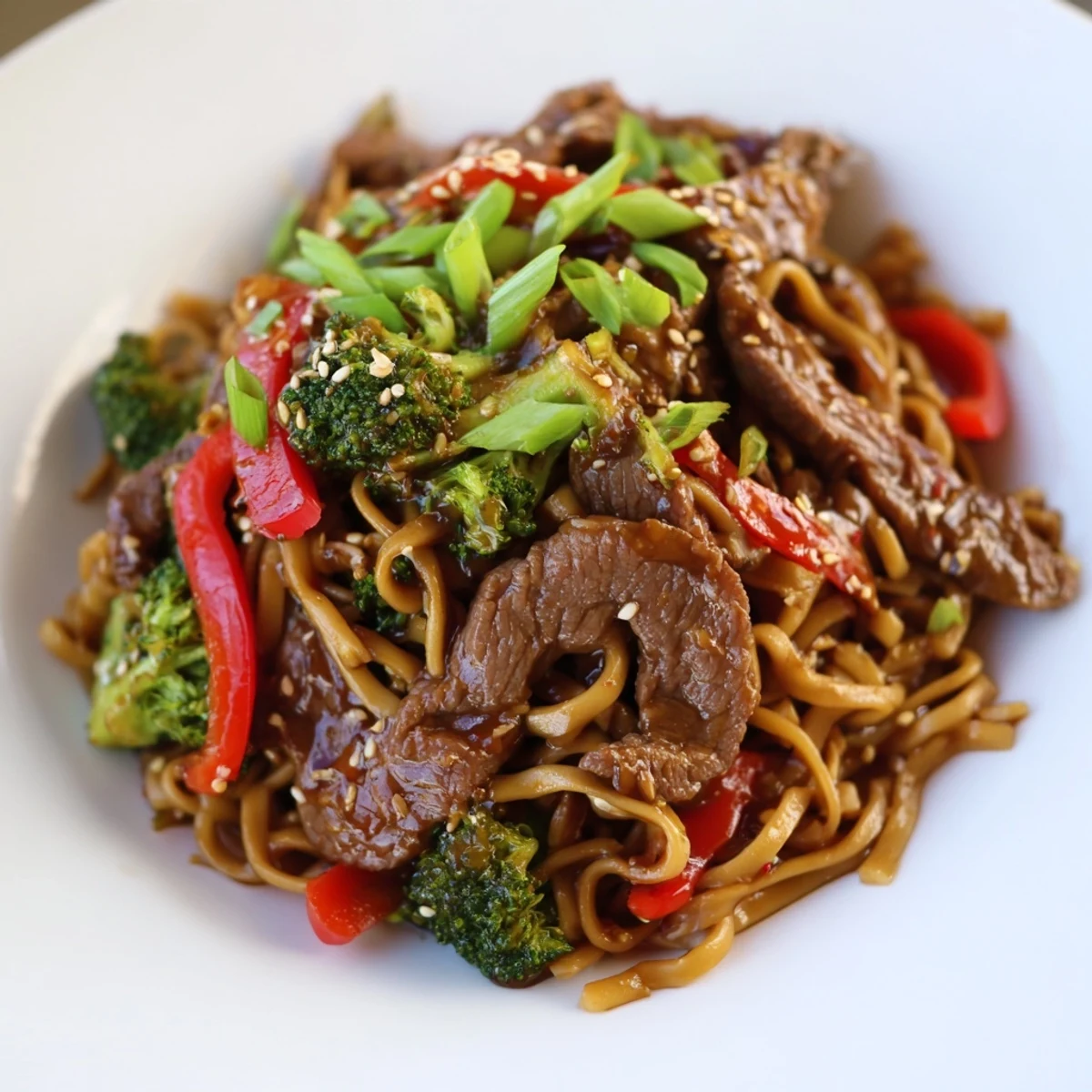 A close-up of Beef and Broccoli Lo Mein, a colorful stir-fry with glistening sauce and fresh green onions.