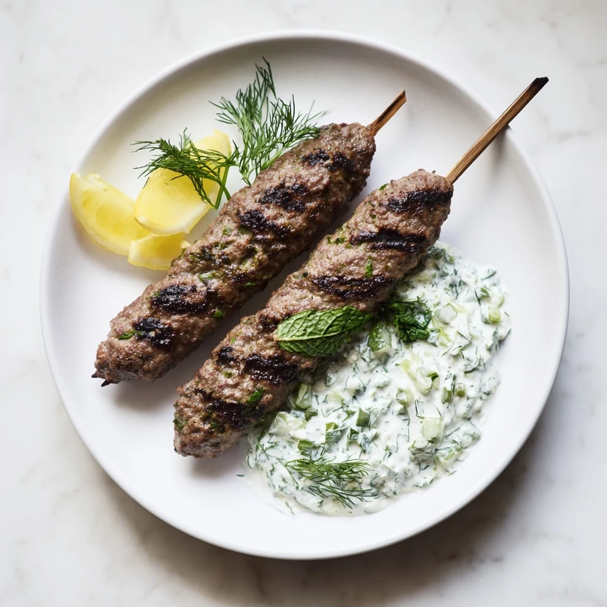 A plate of grilled Beef Kofta Kebabs, sizzling with savory spices, are ready to eat.