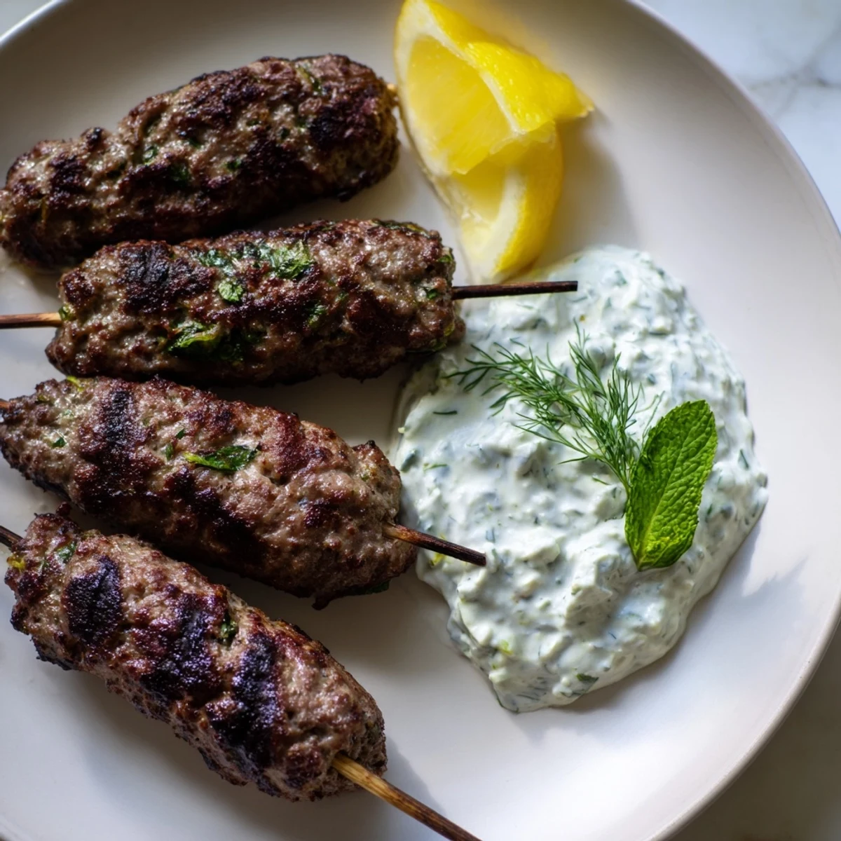 Close-up of freshly grilled Beef Kofta Kebabs with a vibrant cucumber yogurt sauce for dipping.