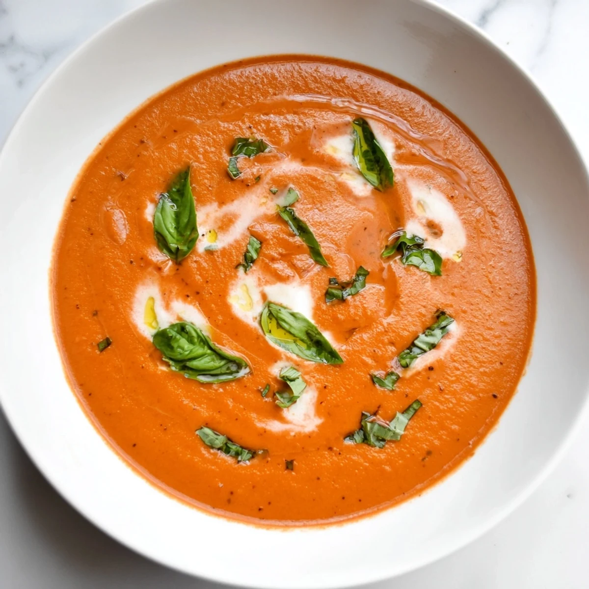 Steaming bowl of rich, vibrant Roasted Garlic and Tomato Basil Soup, garnished with fresh basil.