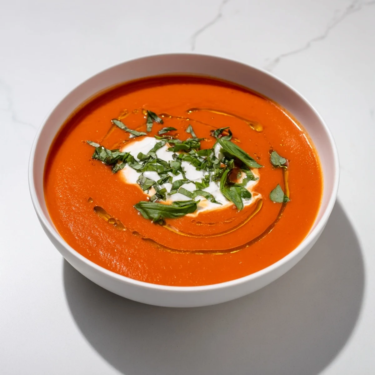 Enjoy the comforting aroma of freshly blended Roasted Garlic and Tomato Basil Soup, served hot with crusty bread.