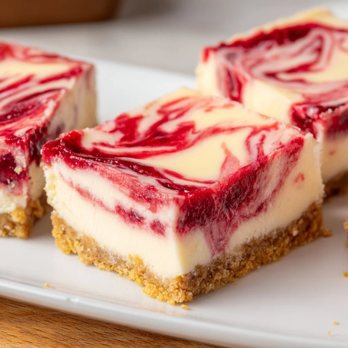 Raspberry White Chocolate Cheesecake Bars with a vibrant raspberry swirl and creamy white chocolate.