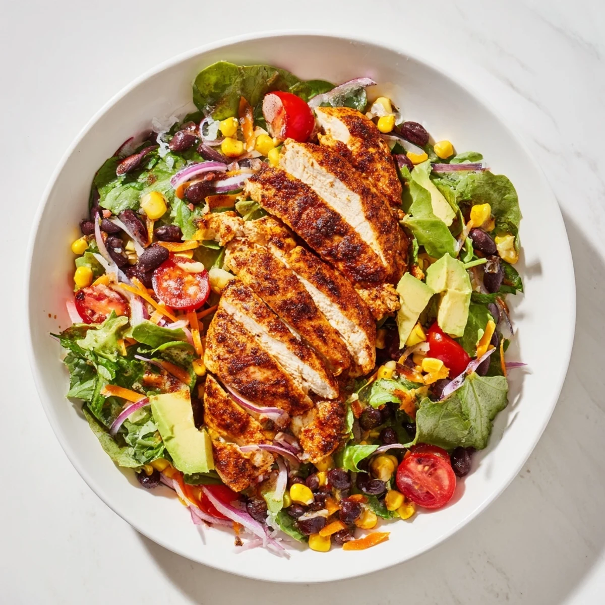 Vibrant Southwest Chicken Salad with lime dressing, grilled chicken slices atop the fresh, colorful salad.