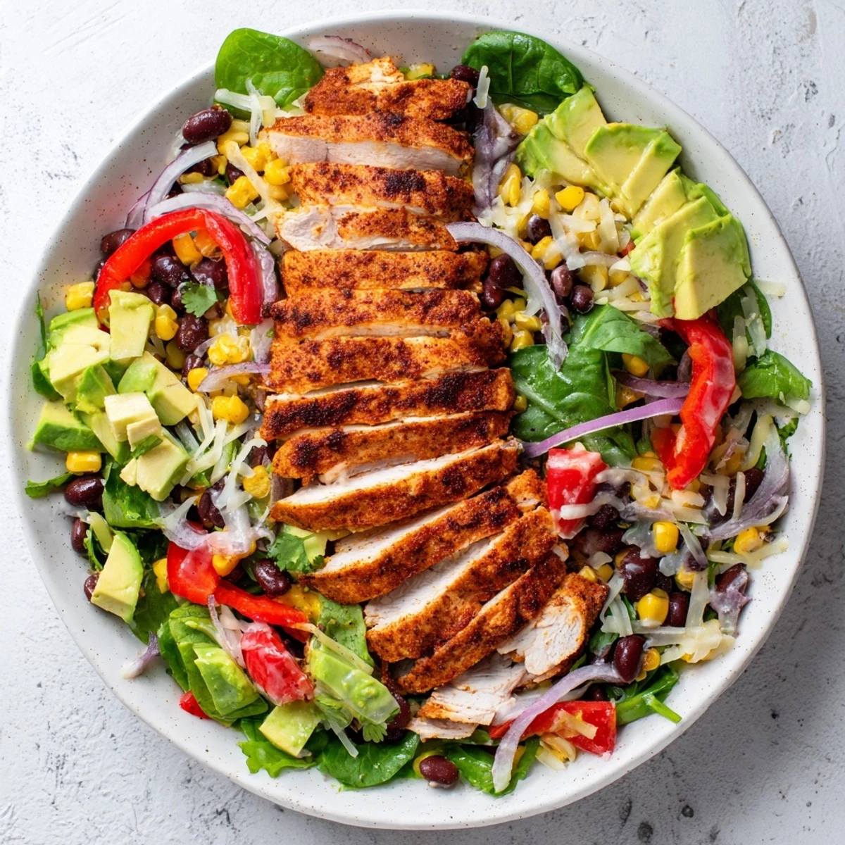 Enjoy this easy Southwest Chicken Salad: tender chicken atop garden-fresh ingredients, drizzled with zesty dressing.