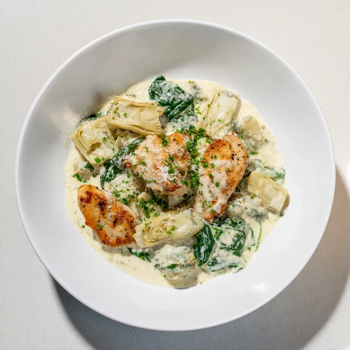A close-up of a Creamy Spinach and Artichoke Chicken Skillet, showcasing the rich, creamy sauce generously coating the chicken.