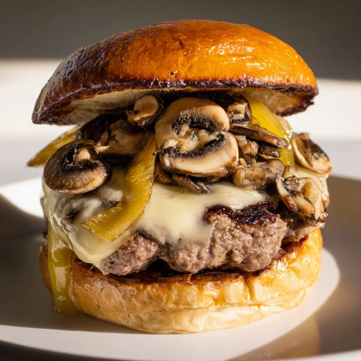 Melted Swiss cheese and savory mushrooms crown this delicious Mushroom and Swiss Burger.