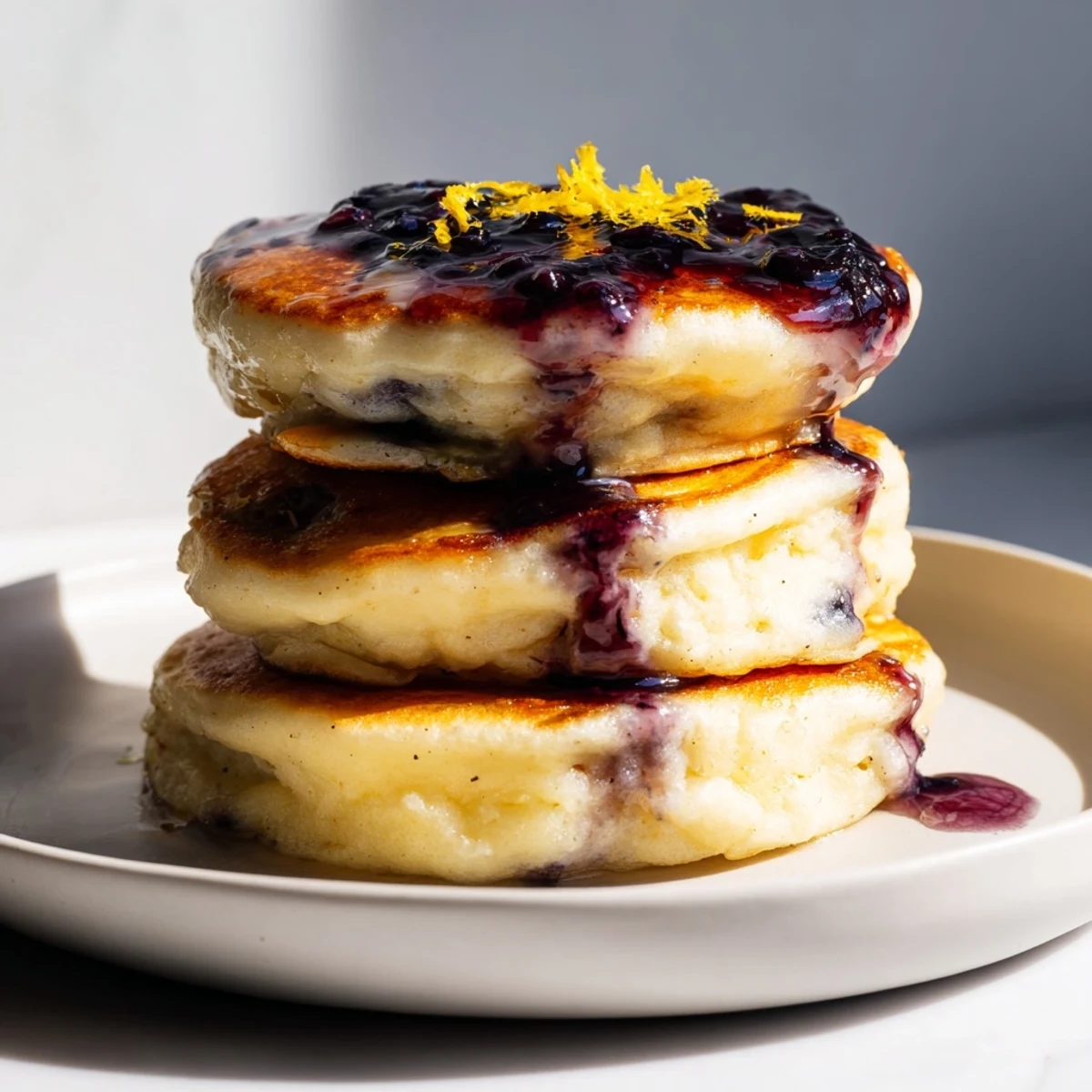 A stack of fluffy Lemon Ricotta Pancakes, bursting with lemon flavor and served warm with syrup.