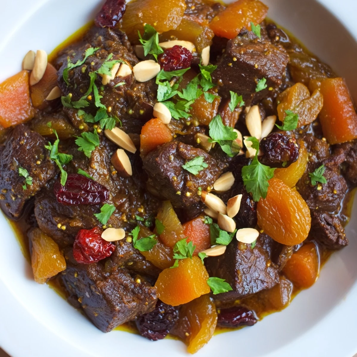 Slow cooker Moroccan lamb tagine, a richly spiced stew with tender lamb, carrots, and sweet dried fruit.