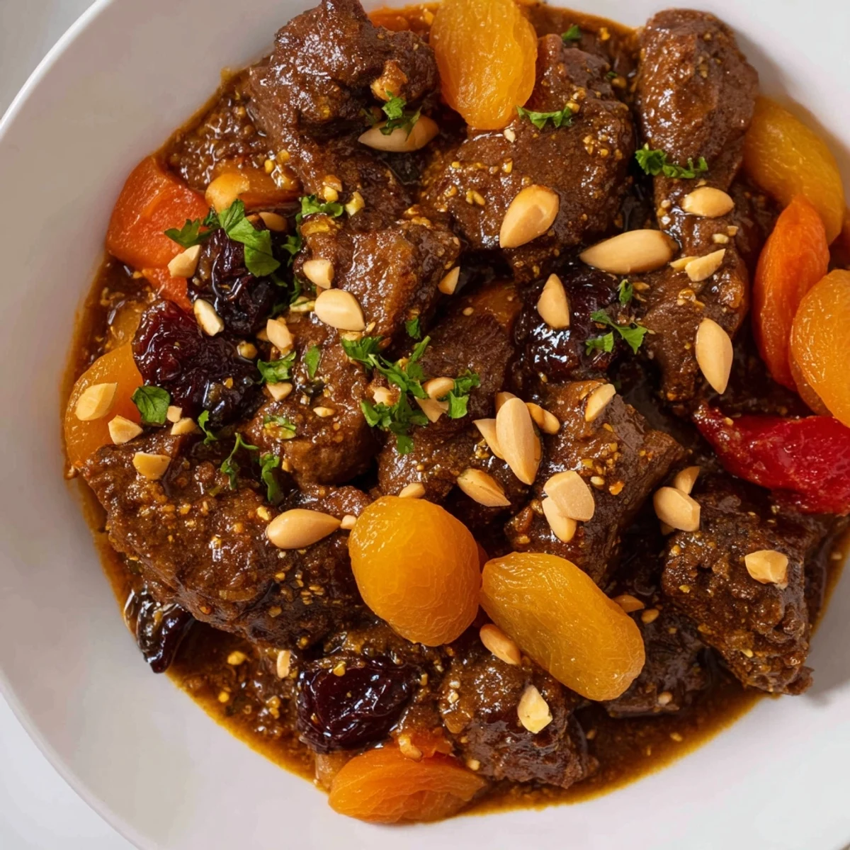 Hearty slow cooker Moroccan lamb tagine, showcasing a flavorful slow-cooked lamb stew garnished with herbs.