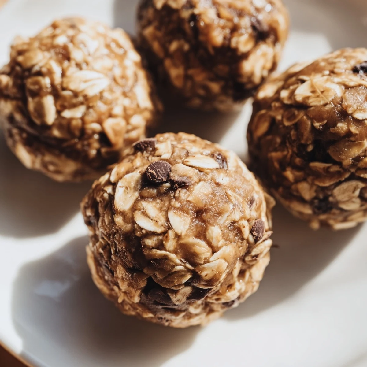 Stainless steel tray of chilled Chocolate Peanut Butter Energy Balls, rolled in oats and dusted with cocoa.