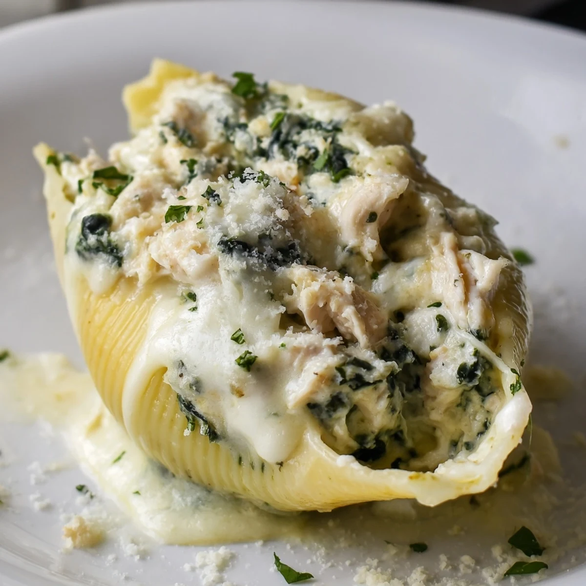 Hearty Italian-American Chicken Alfredo Stuffed Shells with Spinach, perfect for a comforting family dinner.