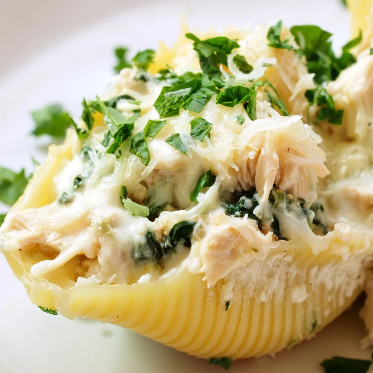 Freshly baked Chicken Alfredo Stuffed Shells with Spinach served alongside garlic bread and a crisp salad.