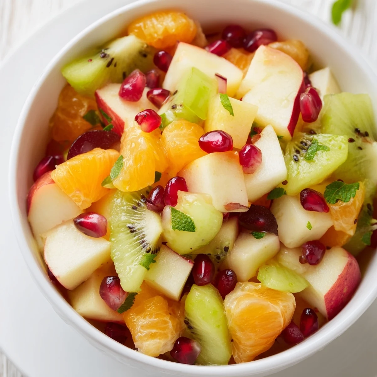 Freshly tossed Winter Fruit Salad with Mint and Honey, showcasing crisp apples, juicy oranges, and sliced kiwis garnished with fragrant mint leaves.