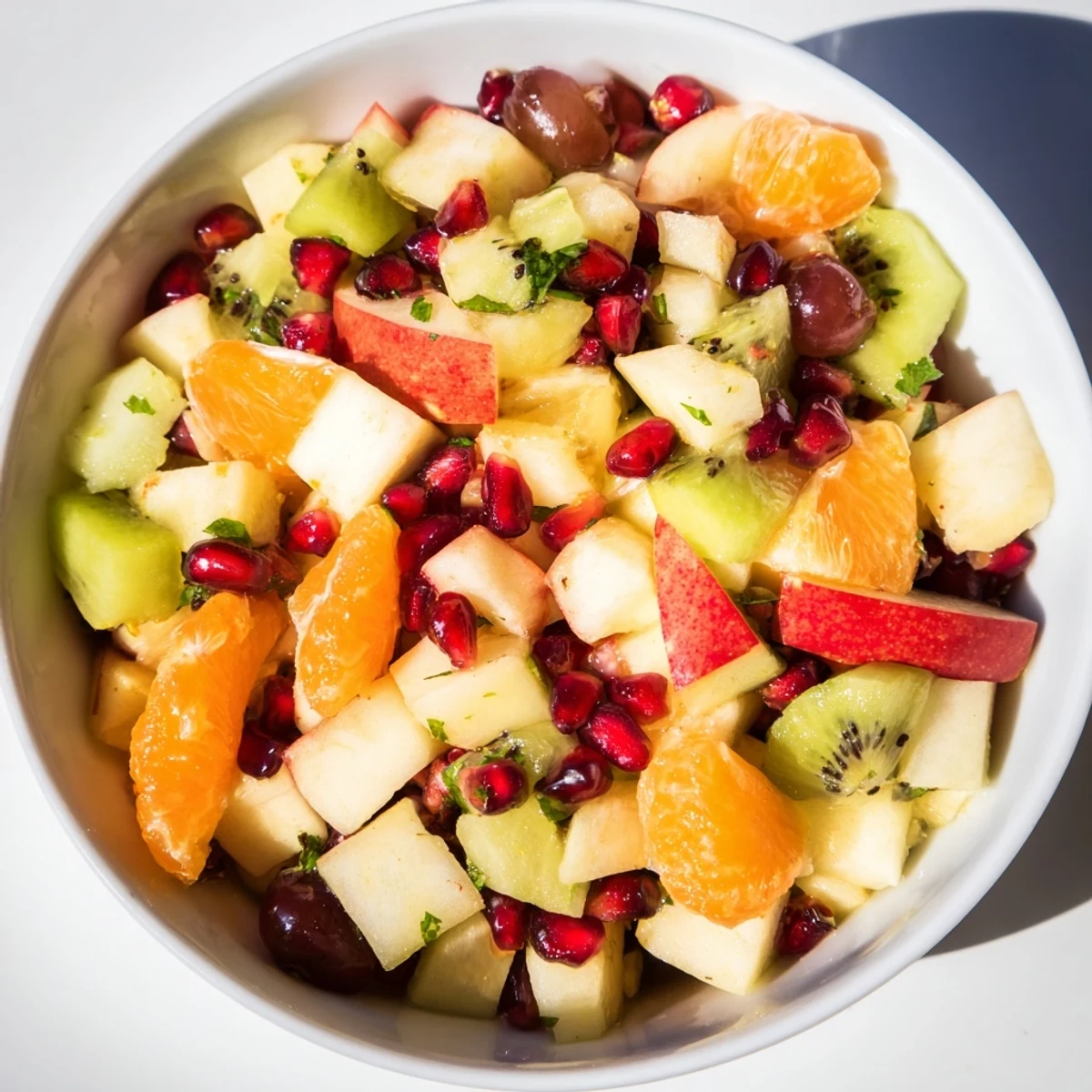 Overhead view of Winter Fruit Salad with Mint and Honey, highlighting vibrant pomegranate seeds, green grapes, and a glistening honey-lemon dressing.