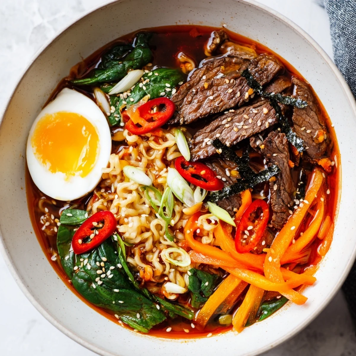 Close-up of Spicy Beef Ramen with Soft Boiled Egg, showcasing chewy noodles and colorful vegetables in a spicy broth.