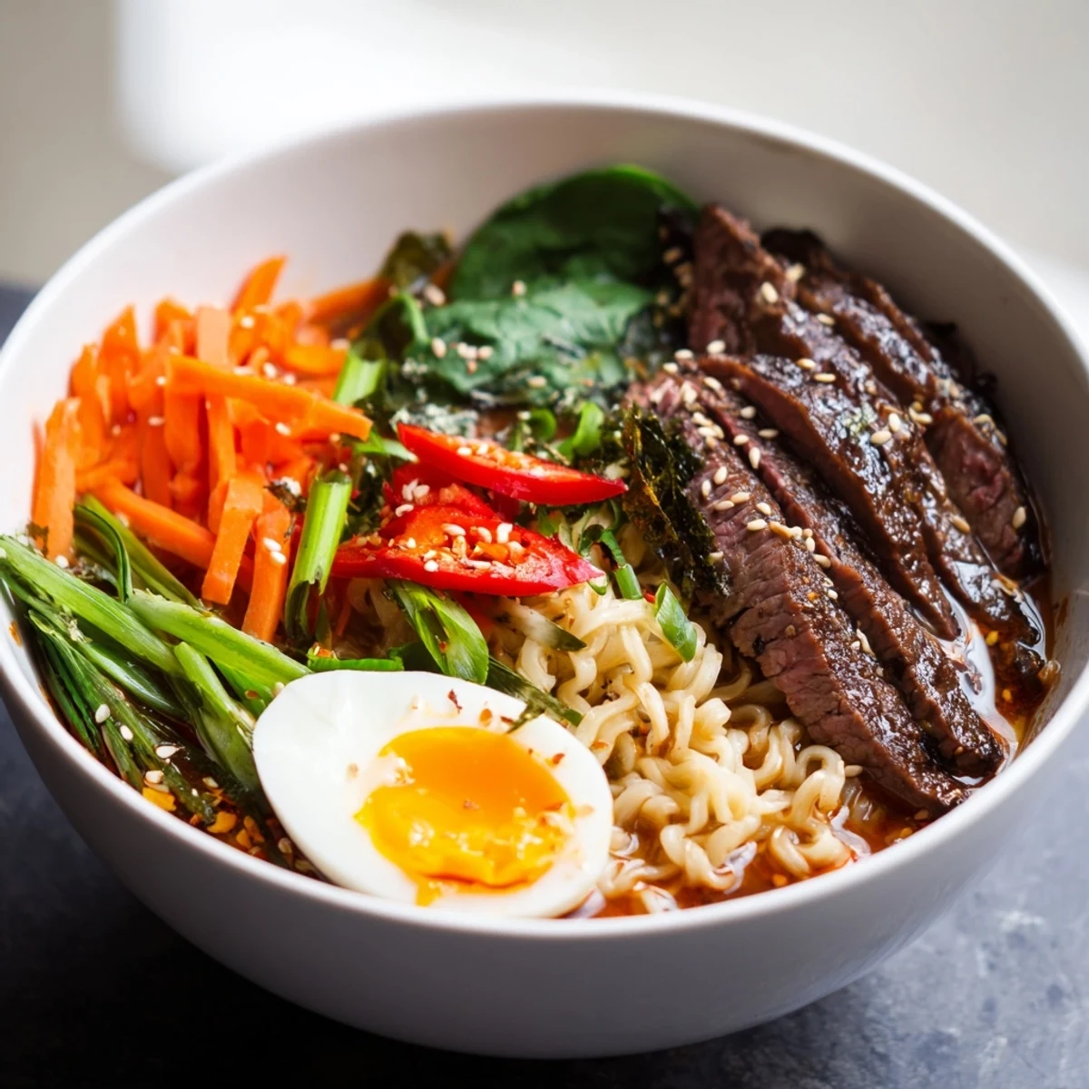 A comforting serving of Spicy Beef Ramen with Soft Boiled Egg, garnished with scallions, sesame seeds, and nori strips.