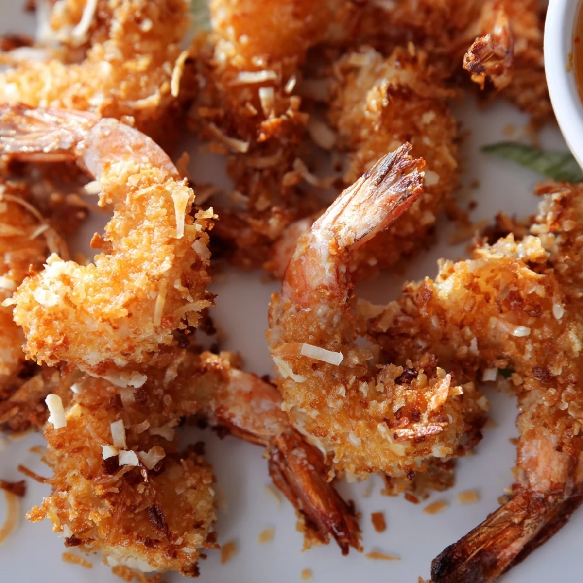 Close-up view of Crispy Coconut Shrimp showing the crunchy shredded coconut and panko crust, resting on a paper towel to absorb oil.