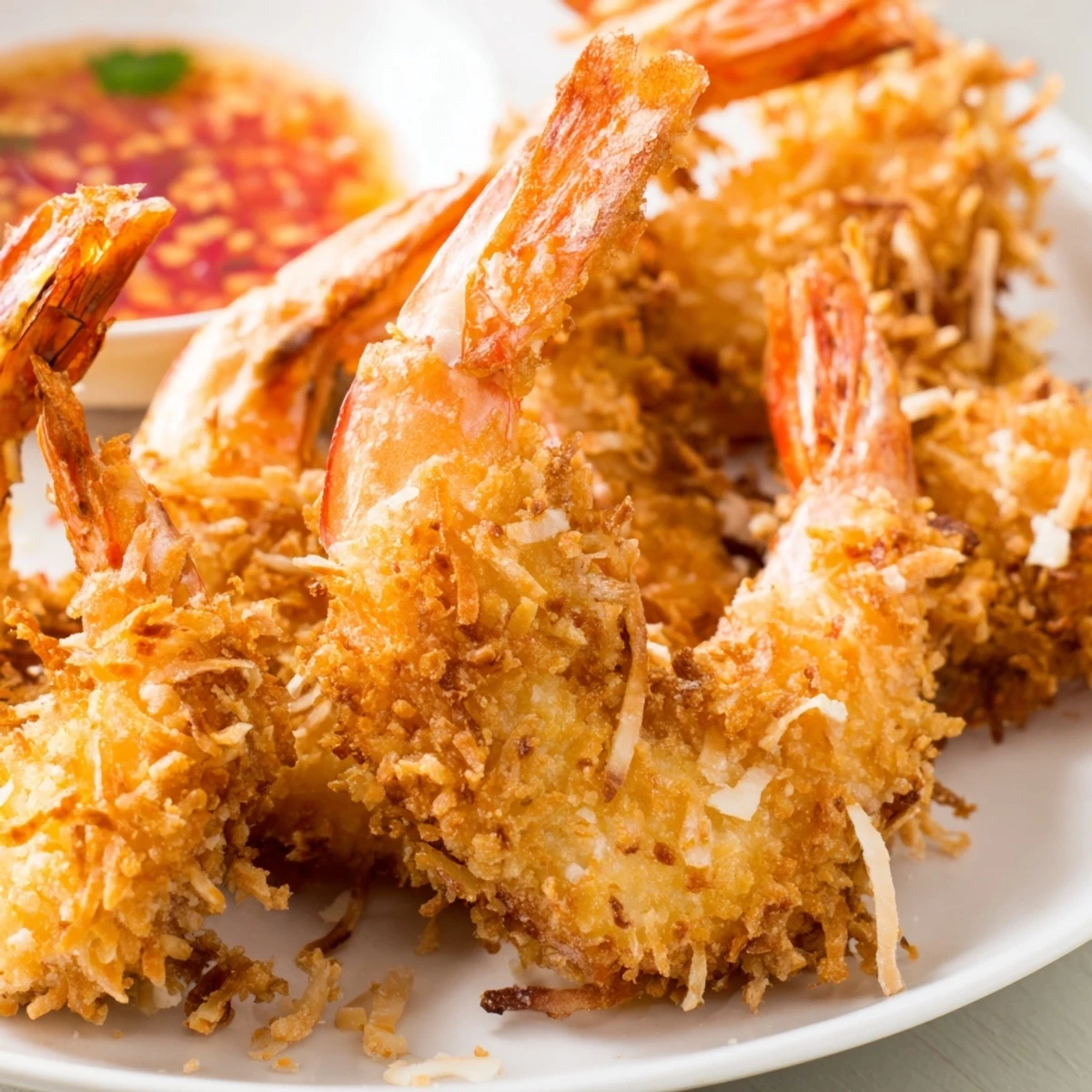 Golden-brown Crispy Coconut Shrimp are arranged on a white plate, served with a small bowl of sweet chili dip and lime wedges.
