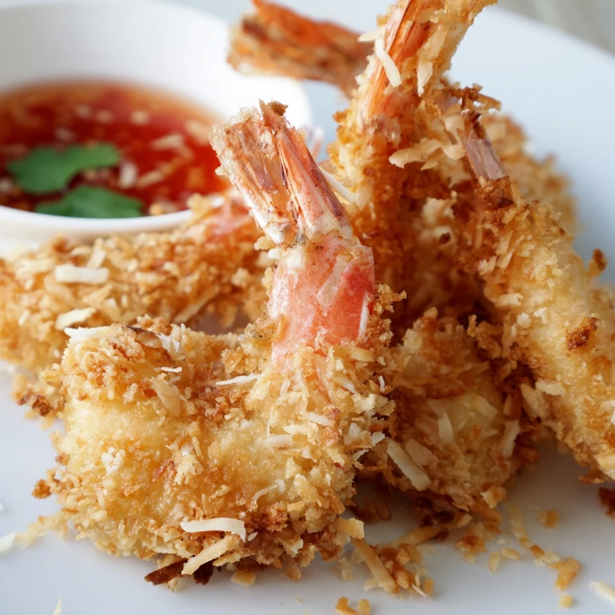 A platter of golden Crispy Coconut Shrimp with sweet chili dip, garnished with fresh cilantro and lime, perfect for a party appetizer.
