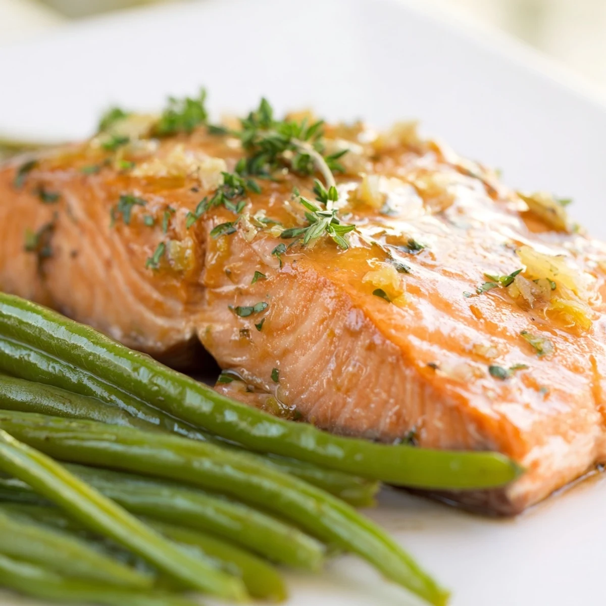 Sheet Pan Salmon and Green Beans with Lemon roasted on a sheet pan with vibrant green beans and lemon slices.