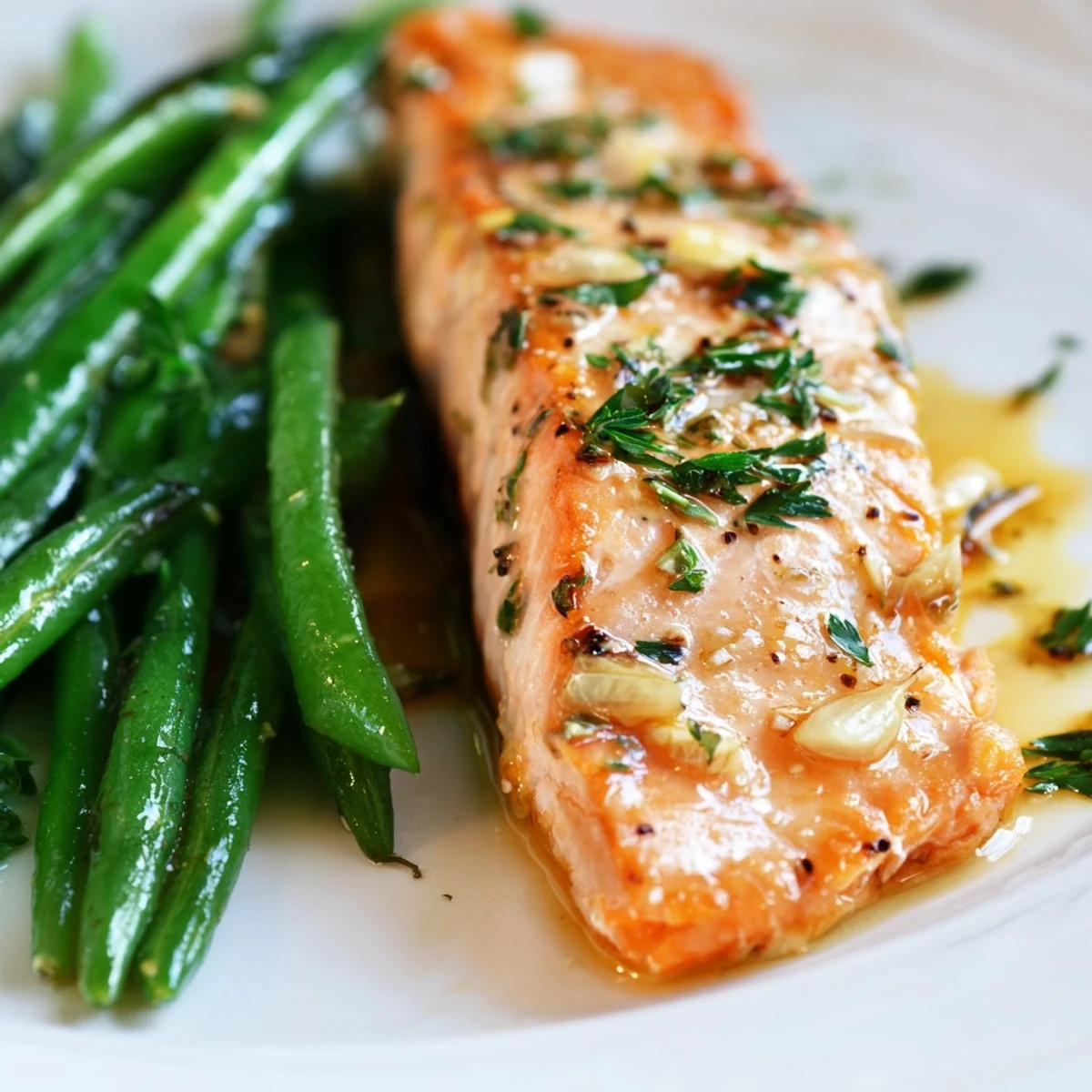 A finished Sheet Pan Salmon and Green Beans with Lemon garnished with fresh parsley and served with lemon wedges.
