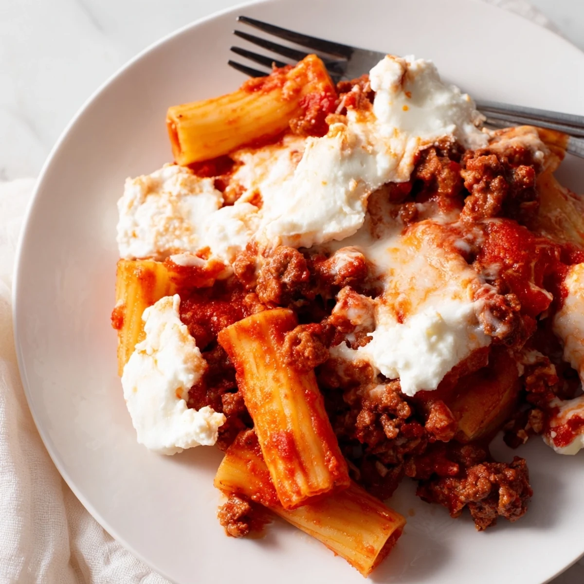 Golden Baked Ziti with Ground Beef and Marinara bubbling with melted mozzarella and Parmesan.
