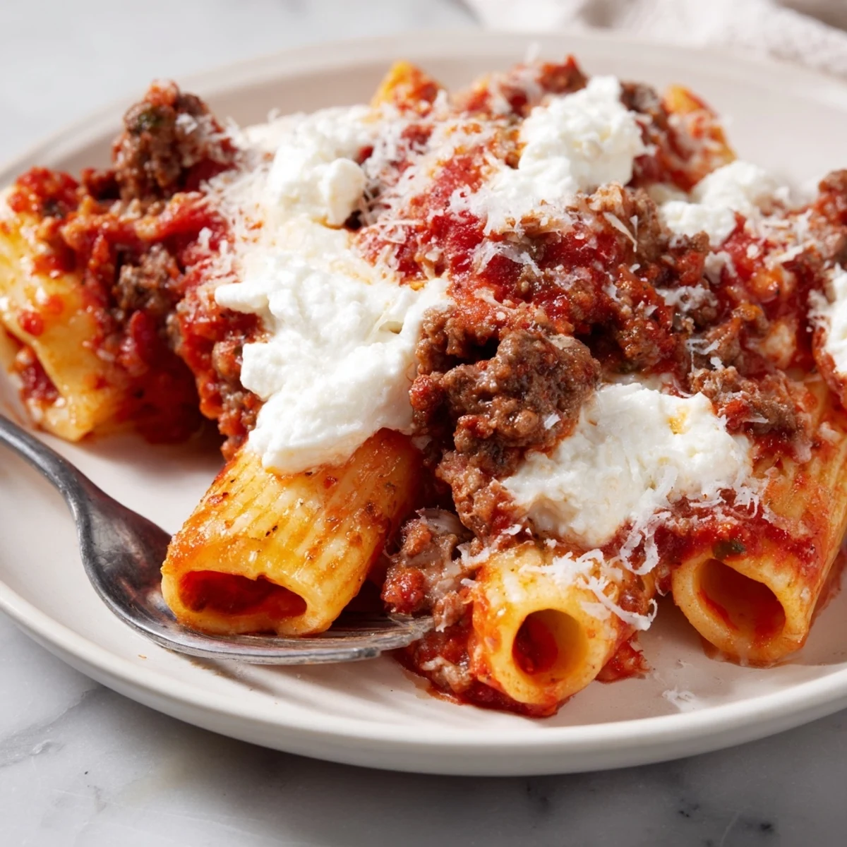 Close-up of Baked Ziti with Ground Beef and Marinara revealing layers of pasta, rich sauce, and cheese.