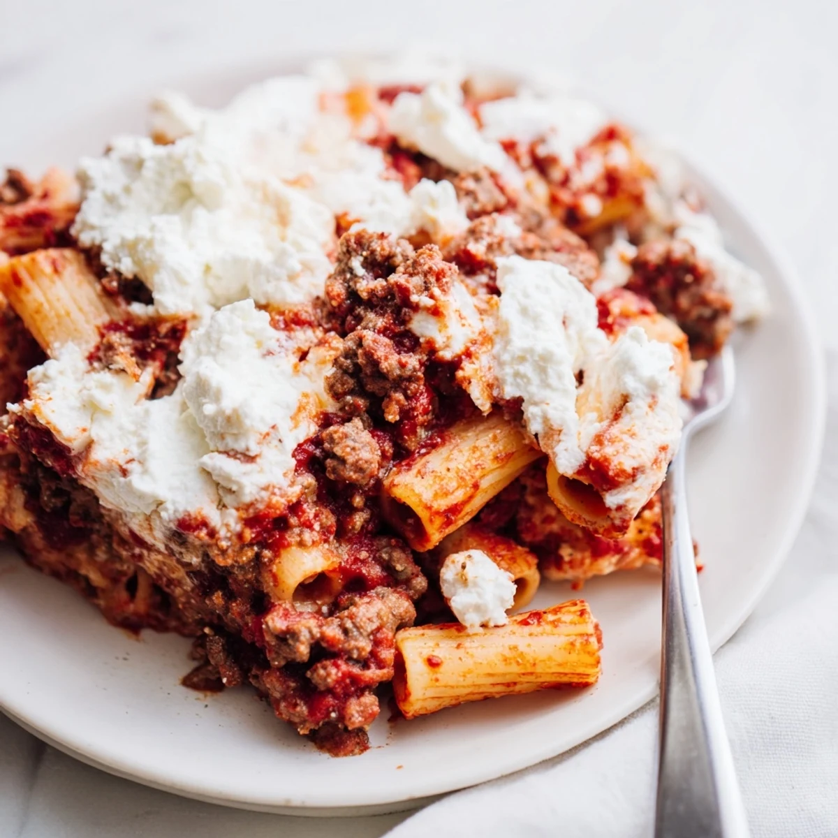 Freshly baked Baked Ziti with Ground Beef and Marinara served in a ceramic dish, garnished with basil.