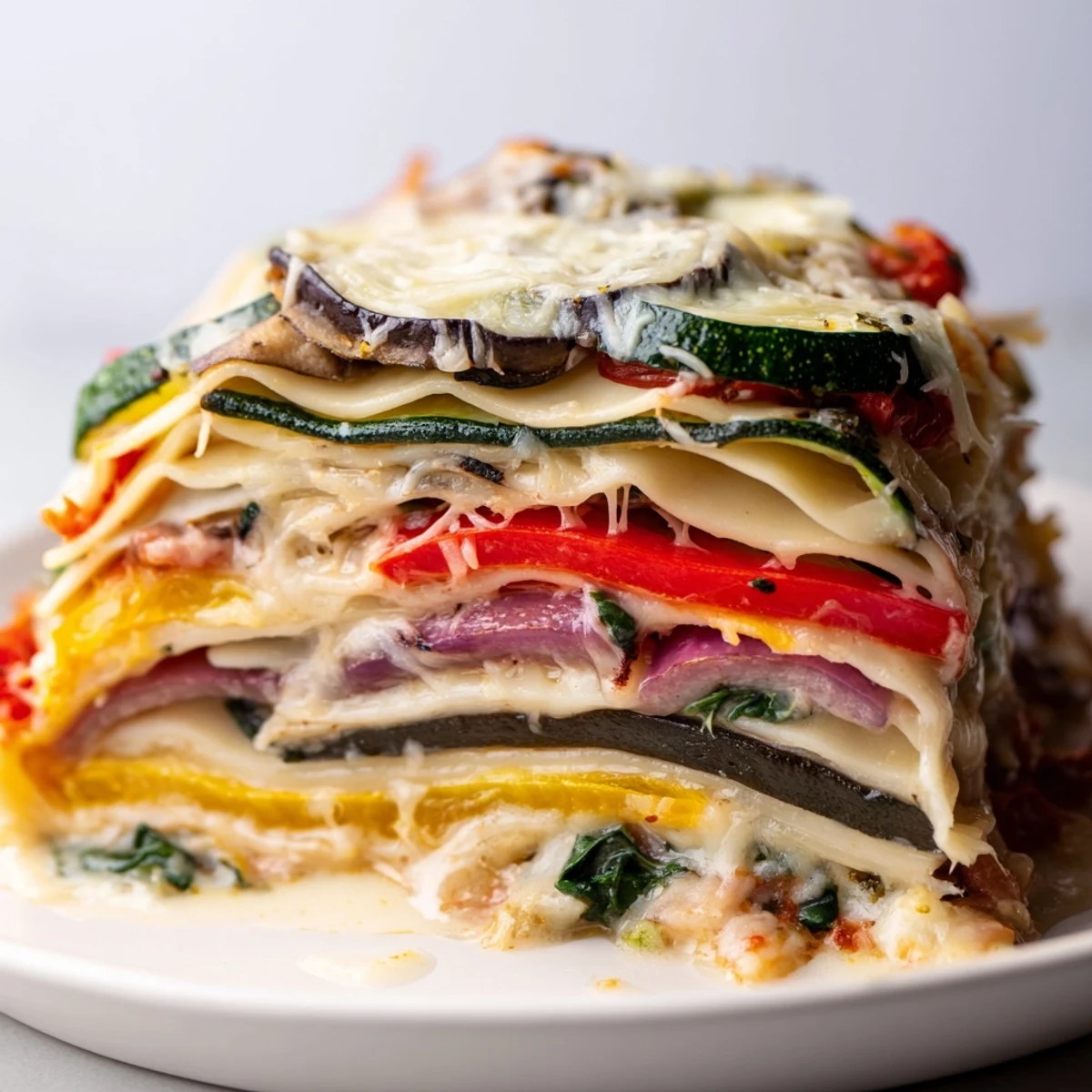 A hearty slice of Roasted Vegetable Lasagna with Bechamel Sauce lifted to reveal creamy layers and tender eggplant inside.