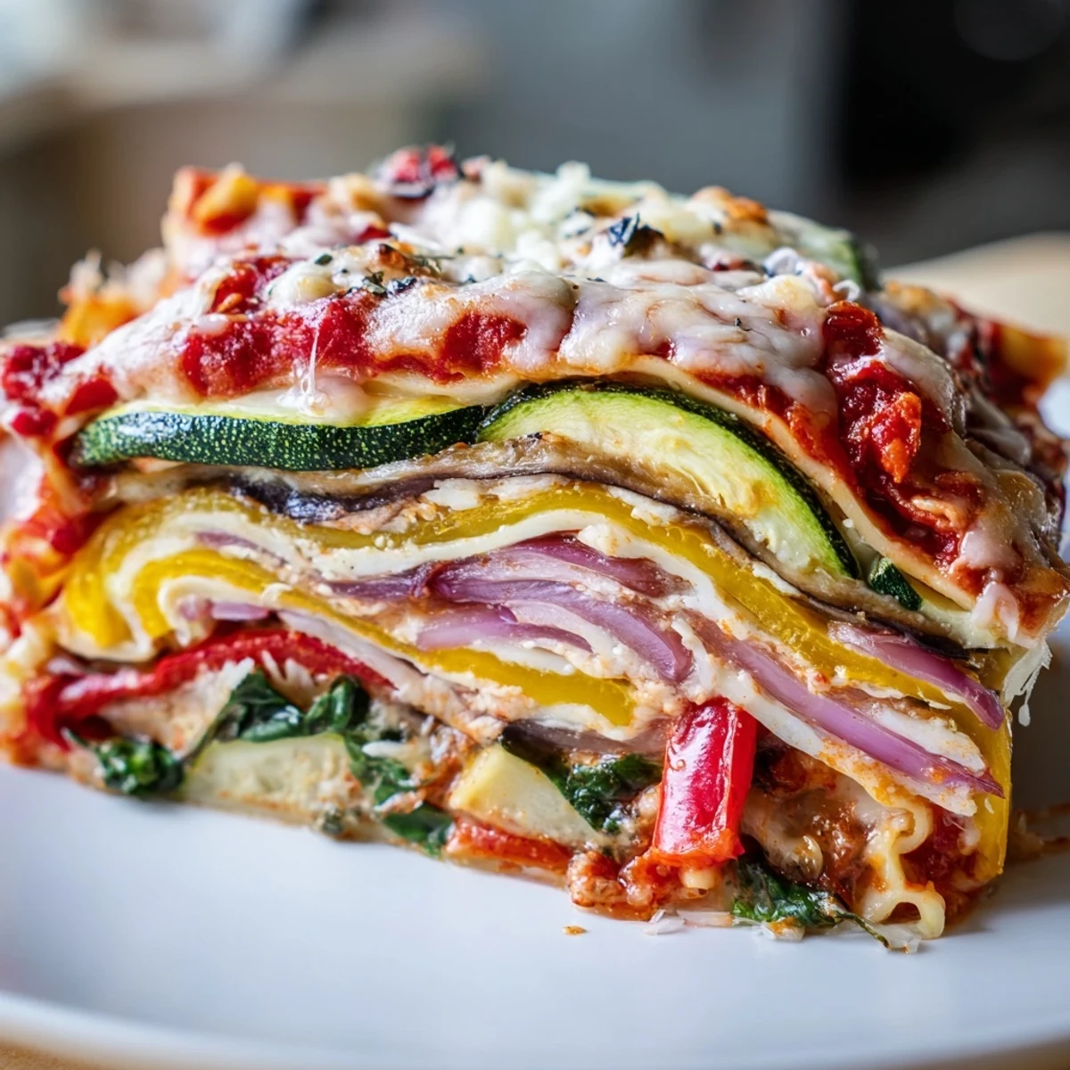 Close-up of golden-brown Roasted Vegetable Lasagna with Bechamel Sauce, showing bubbling mozzarella and caramelized veggies on top.