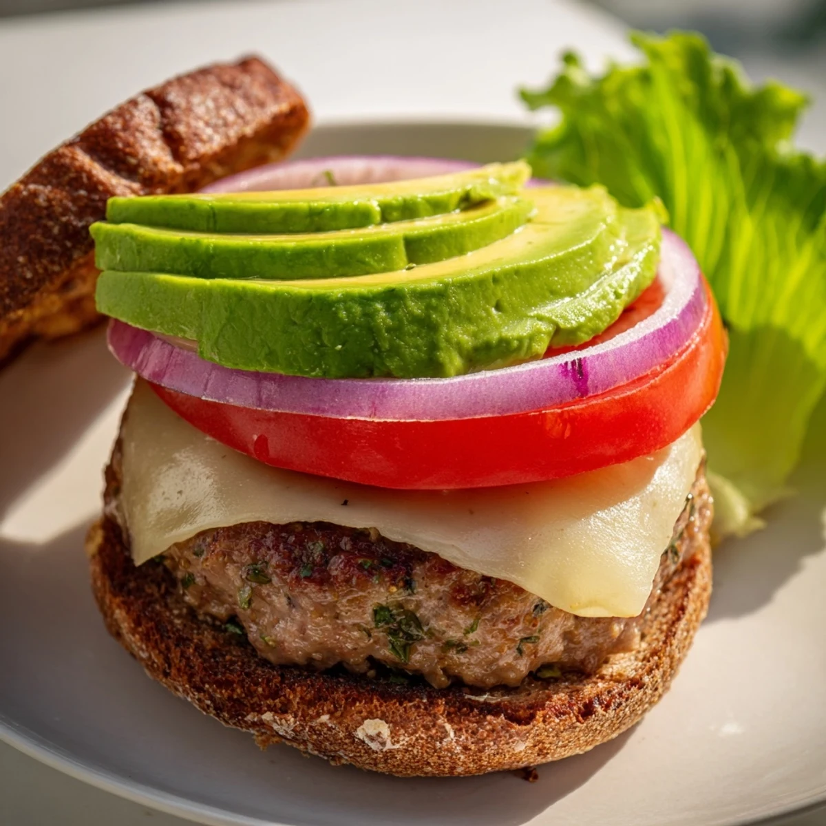 Turkey Burger with Avocado and Swiss Cheese served on a toasted bun, layered with creamy avocado and ripe tomato for a fresh bite.