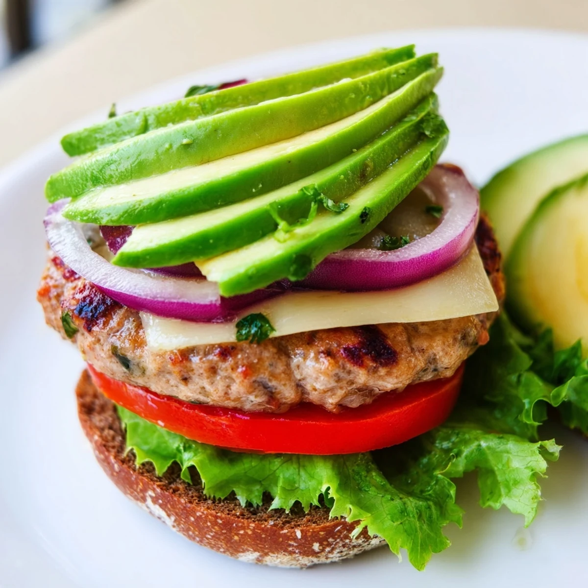 Sizzling turkey patty with Swiss cheese, topped with avocado, lettuce, and tomato on a toasted bun, ready to enjoy with sweet potato fries.