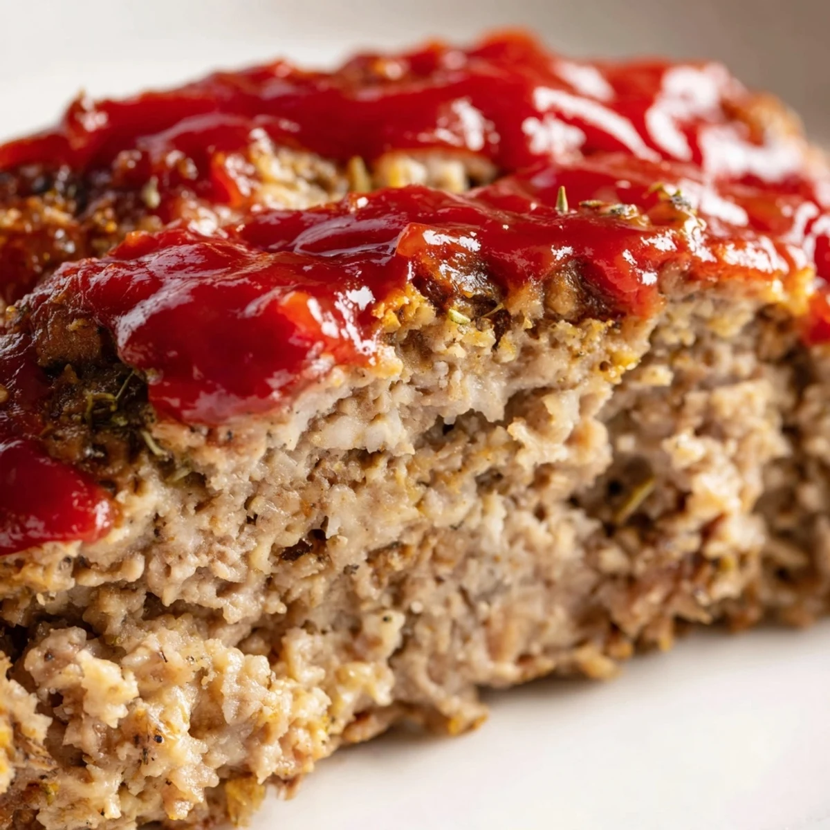 Sliced Turkey Meatloaf with Ketchup Glaze served on a white plate with creamy mashed potatoes.