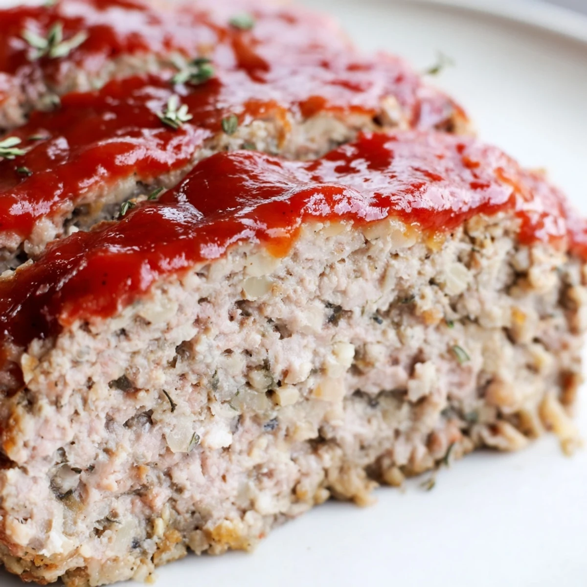 Freshly baked Turkey Meatloaf with Ketchup Glaze on a baking sheet, sliced to reveal a moist, tender interior.