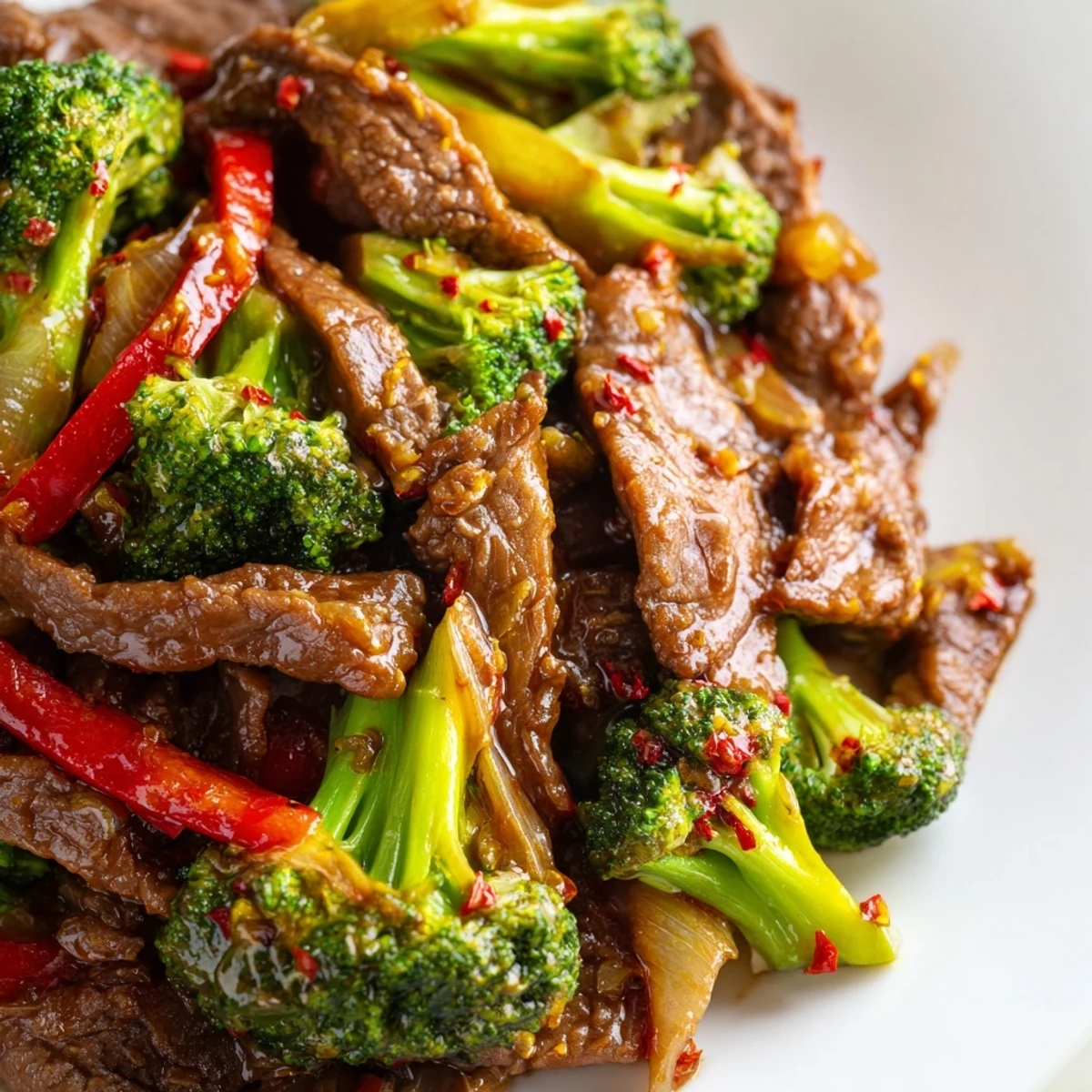 Tender beef strips and crisp broccoli florets coated in a glossy, spicy sauce, ready for a quick weeknight family dinner.