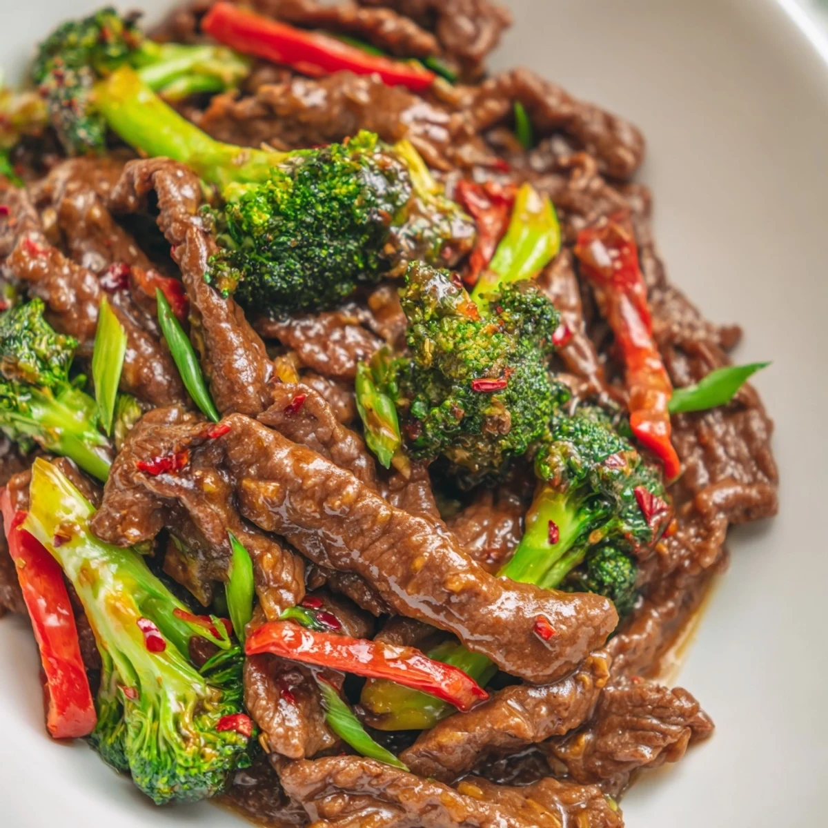 A vibrant serving of Spicy Beef Stir Fry with Broccoli over fluffy white rice, garnished with sesame seeds for a nutty finish.