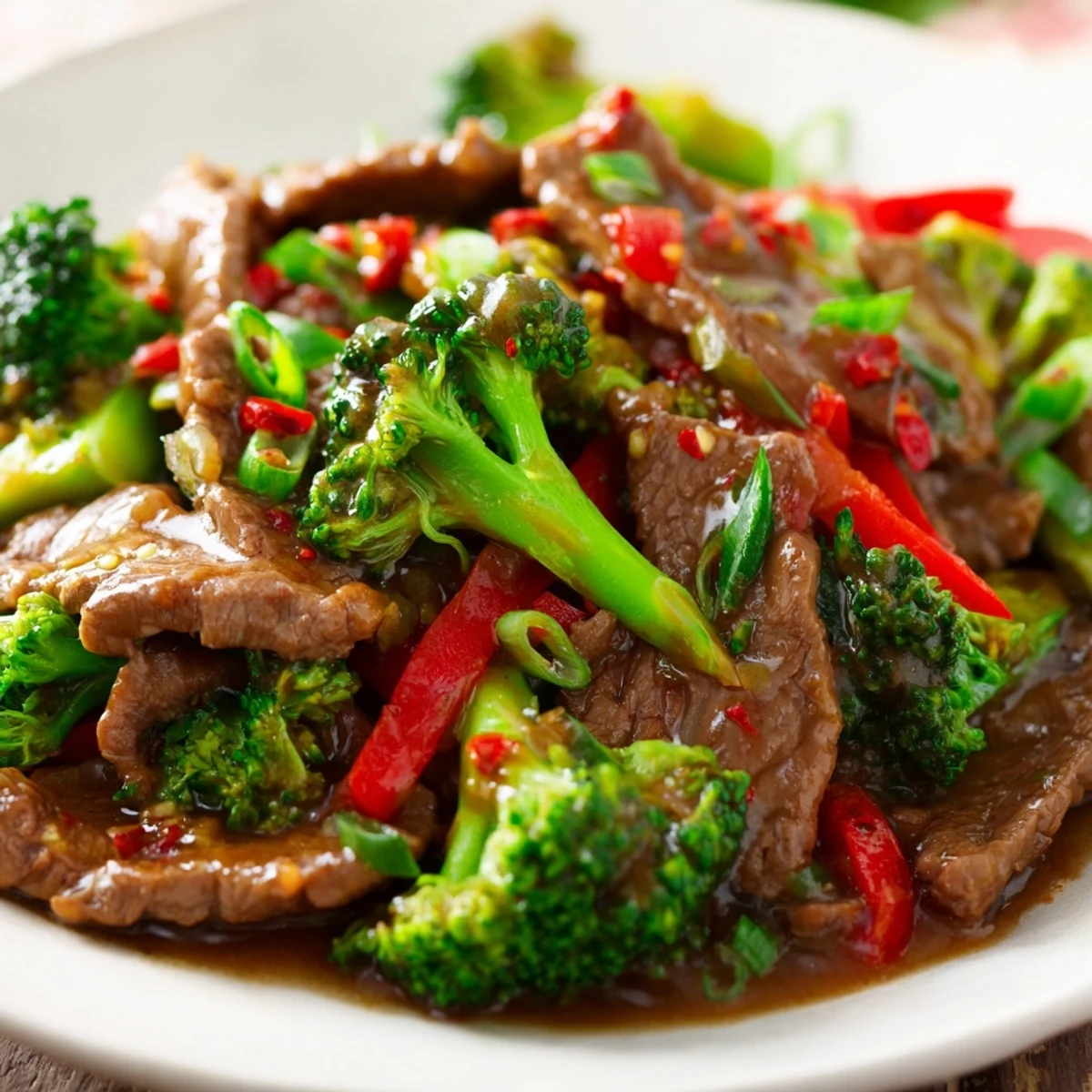 Steam rises from this delicious Spicy Beef Stir Fry with Broccoli in a hot wok, featuring vibrant red bell peppers.