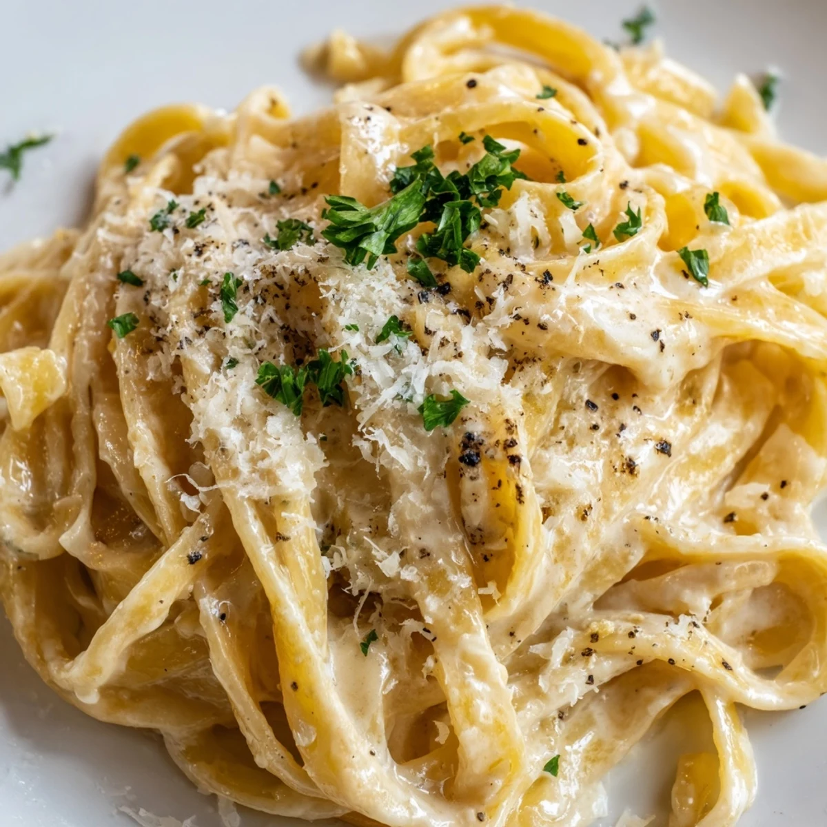 Homemade Creamy Alfredo Sauce with Fettuccine ready to eat, steaming on a plate with a side salad and crusty bread.