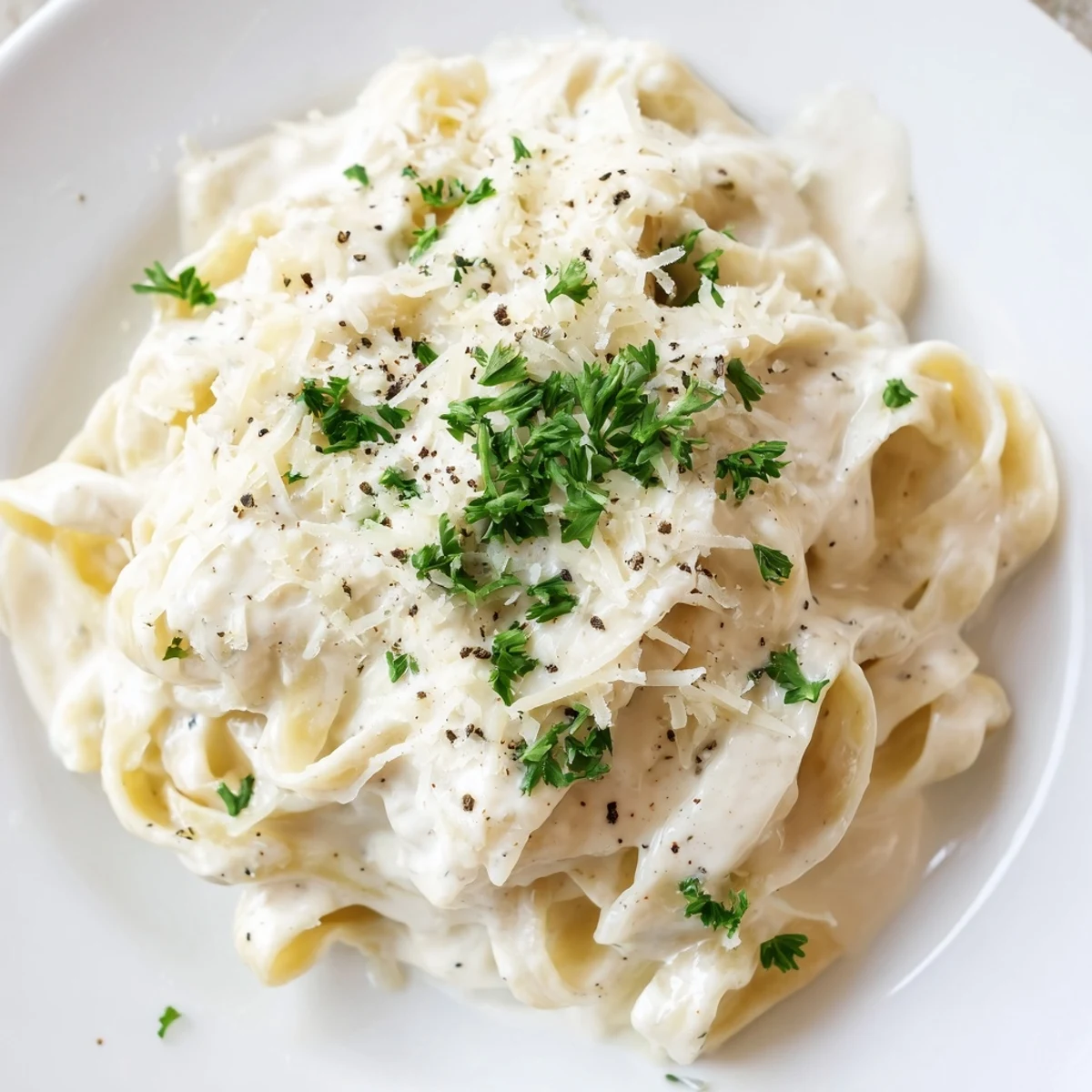 Close-up of Creamy Alfredo Sauce with Fettuccine coated in velvety sauce, topped with extra Parmesan and black pepper.