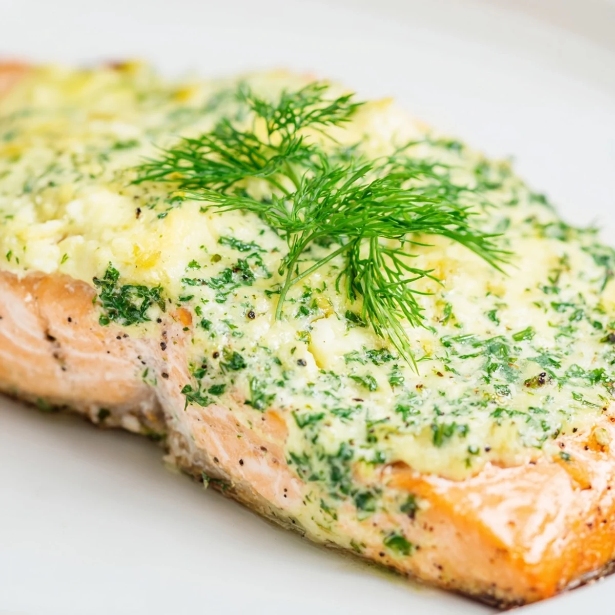Oven-baked salmon fillet topped with melted dill butter and fresh lemon zest.