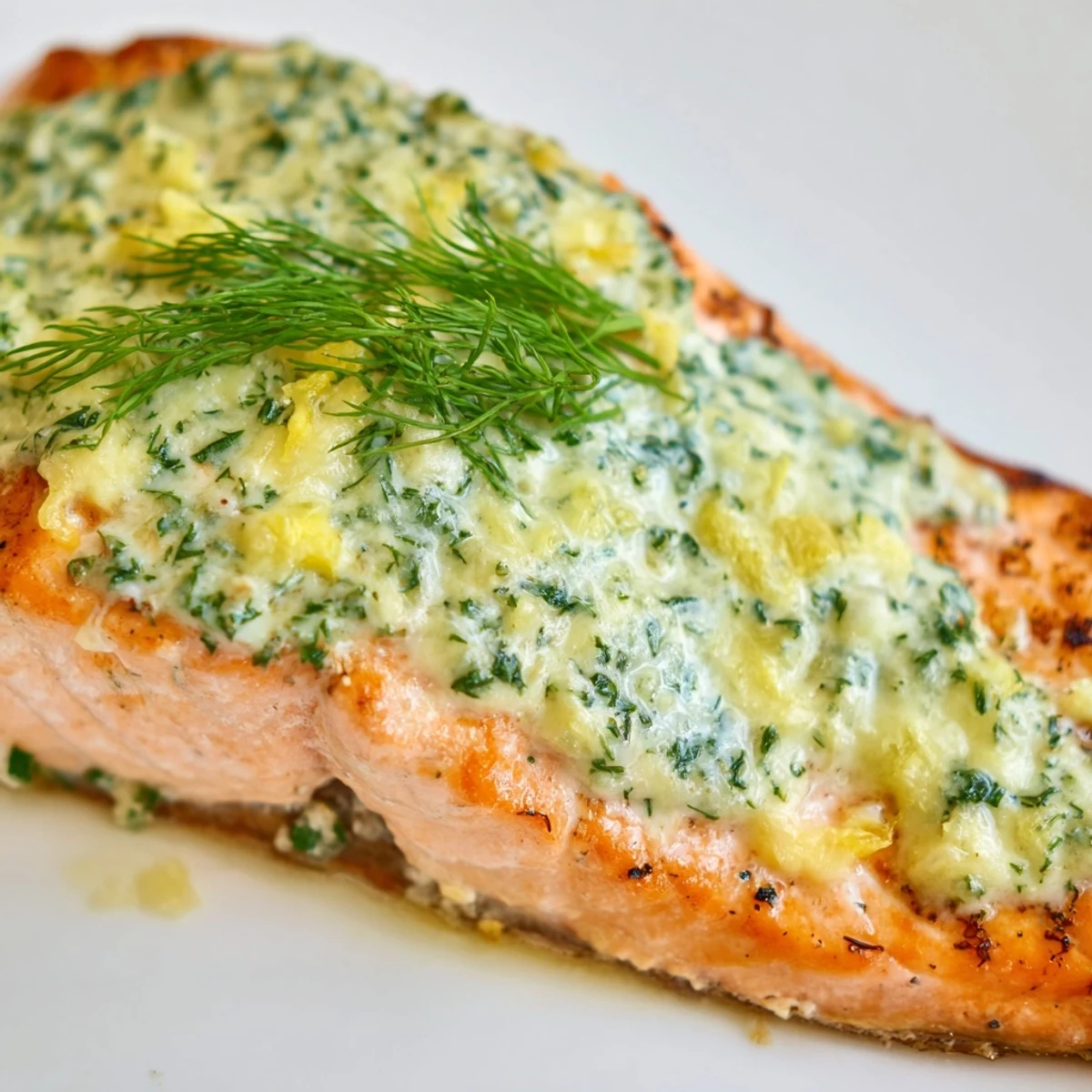 Golden Baked Salmon with Dill Butter garnished with fresh herbs and lemon slices.