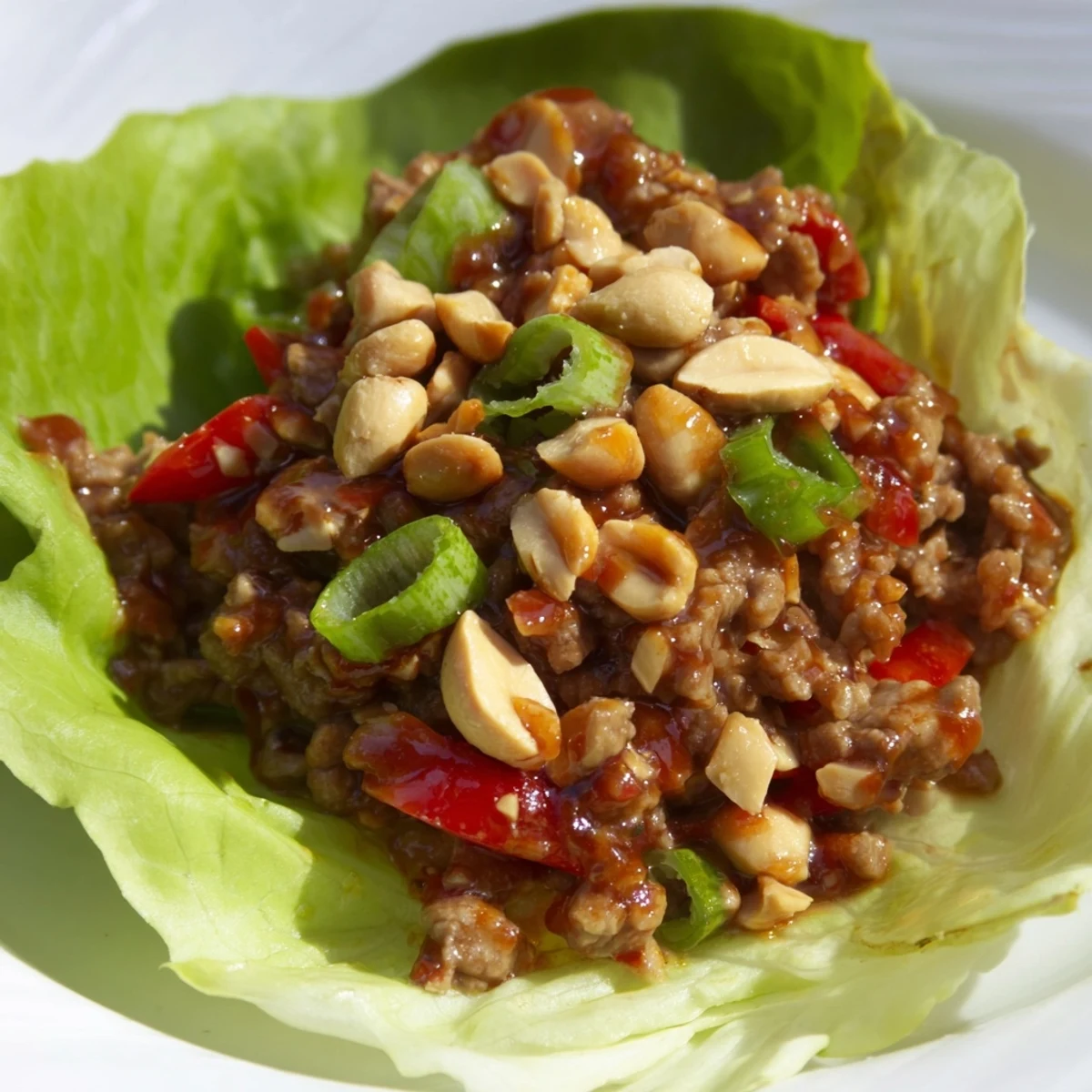 Tender savory beef with bright bell peppers and herbs fills butter lettuce cups, garnished with crunchy peanuts for texture.