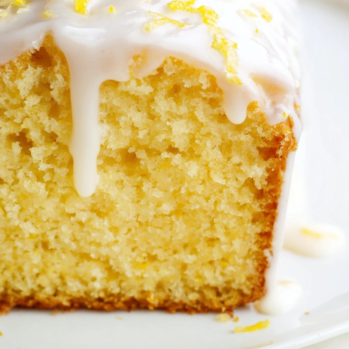 Close-up of a slice of Lemon Loaf Cake with Icing revealing tender crumb and sweet, zesty glaze.