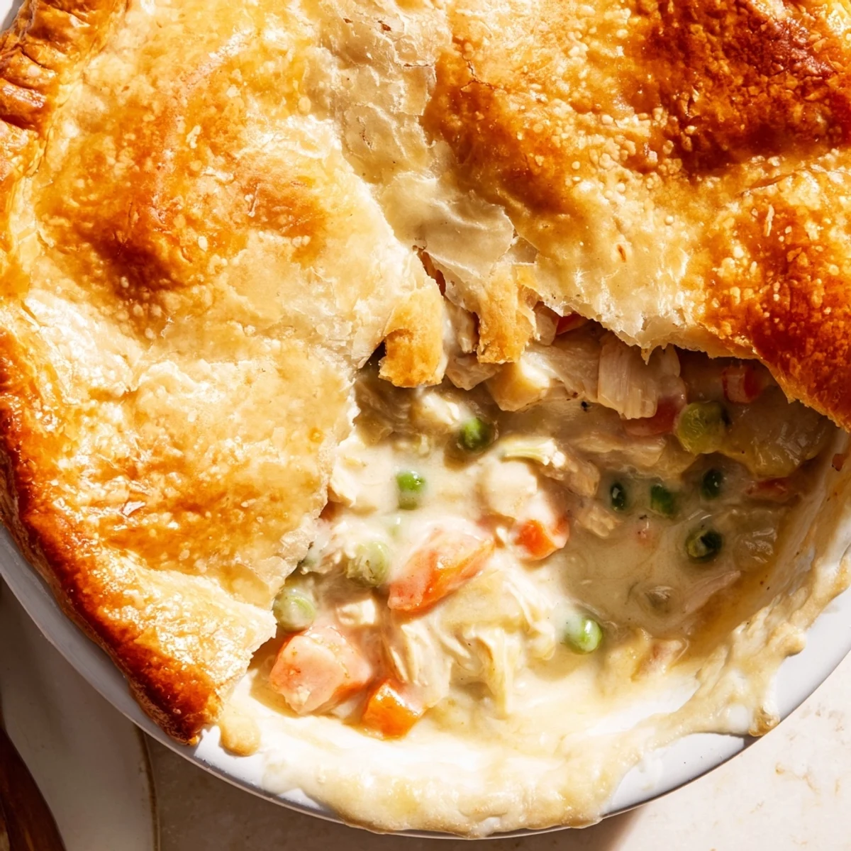 Freshly baked Chicken Pot Pie with Crust shows golden, flaky pastry and bubbling creamy filling from the oven.