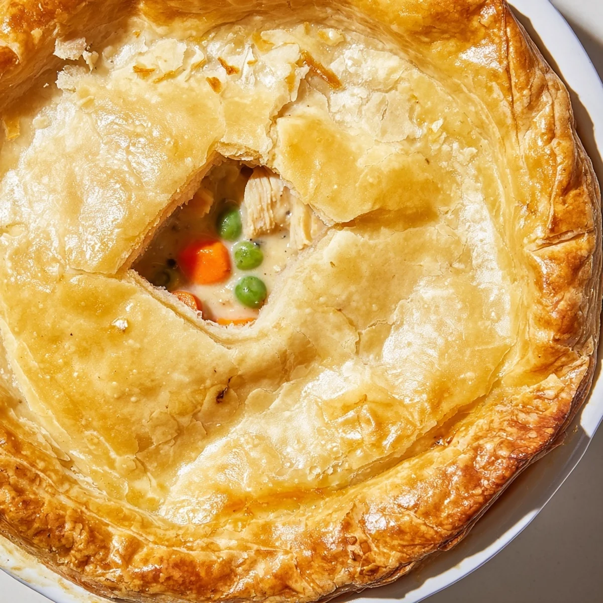 Sliced piece of Chicken Pot Pie with Crust reveals tender chicken, carrots, and peas in velvety sauce.