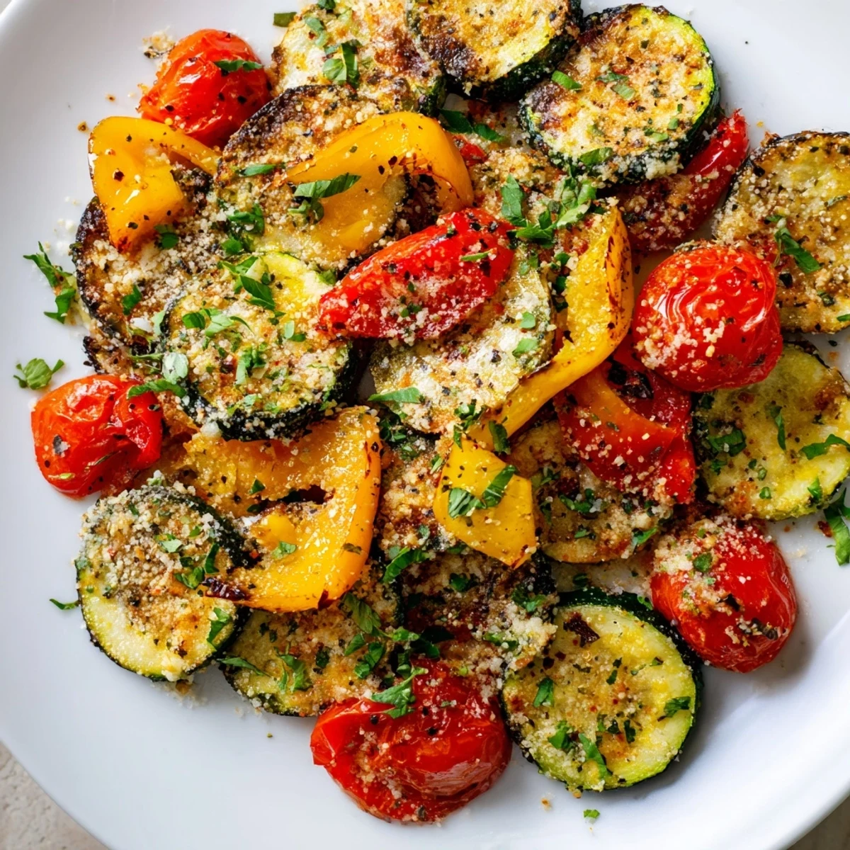 Golden roasted vegetables with Italian seasoning on a baking sheet, releasing savory herb aromas, ideal for an easy vegan side.