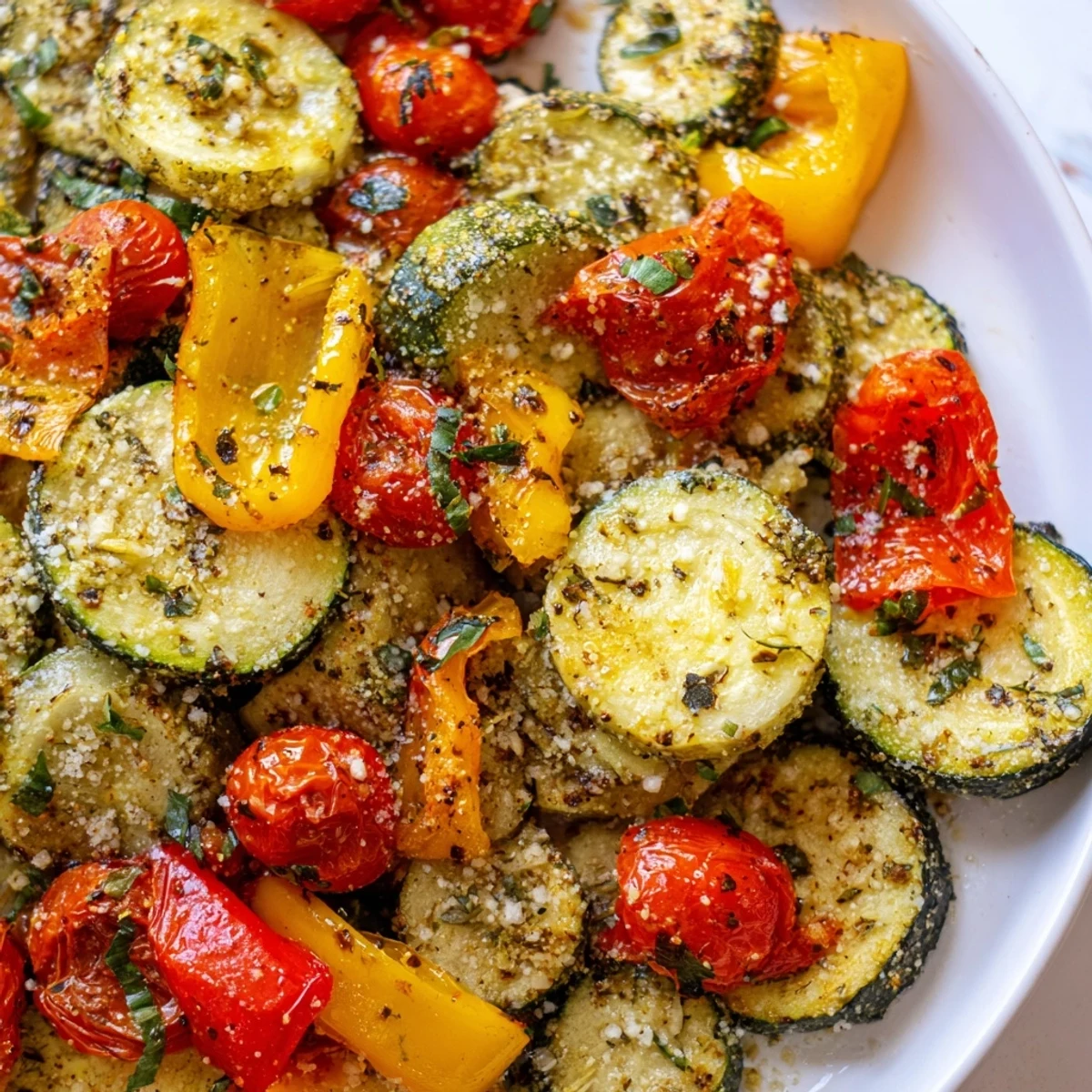 Vibrant medley of oven-roasted veggies tossed in Italian herbs on a platter, garnished with parsley, perfect alongside grilled meats or pasta.
