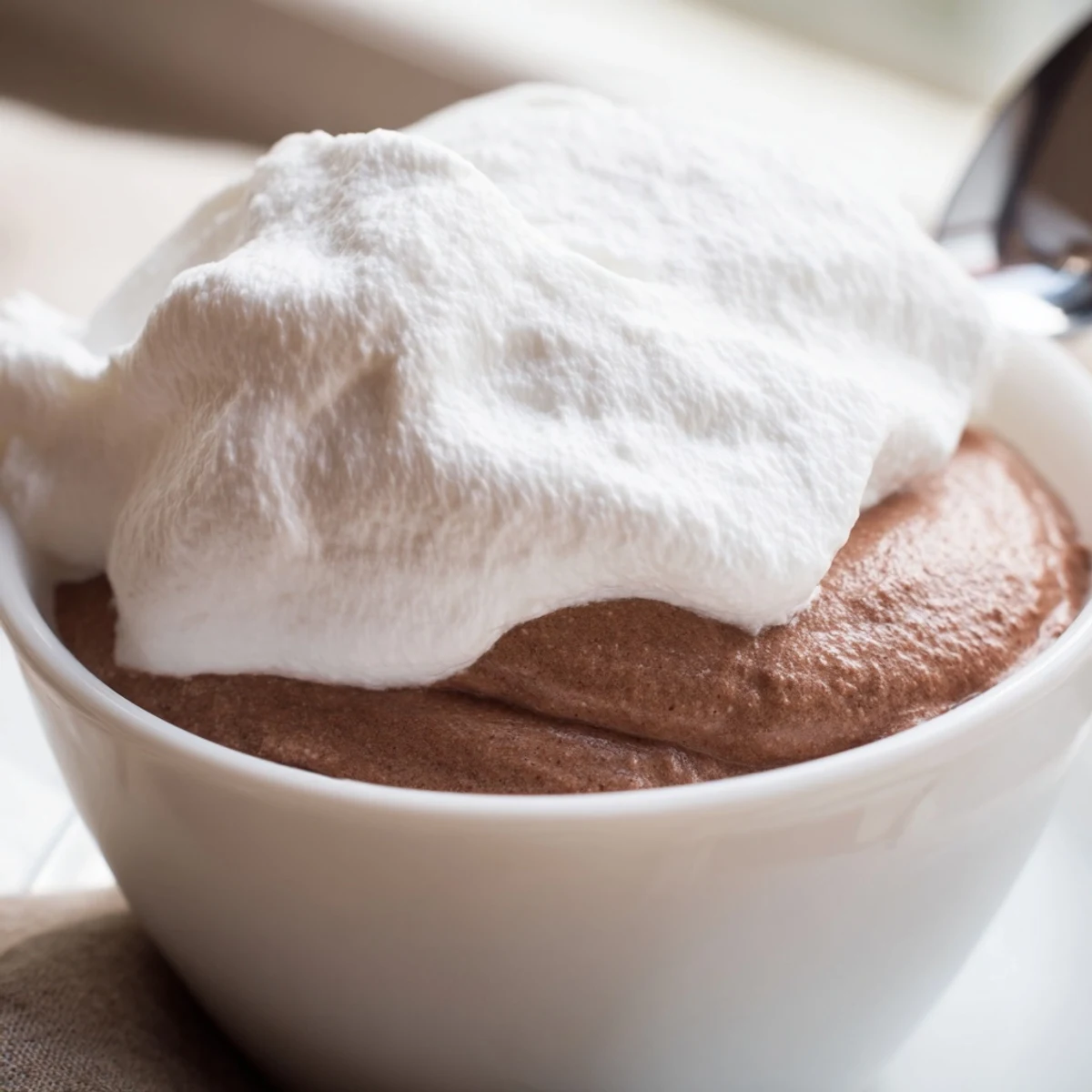 Creamy chocolate pudding in a white ramekin, generously topped with fluffy whipped cream for a classic American dessert.